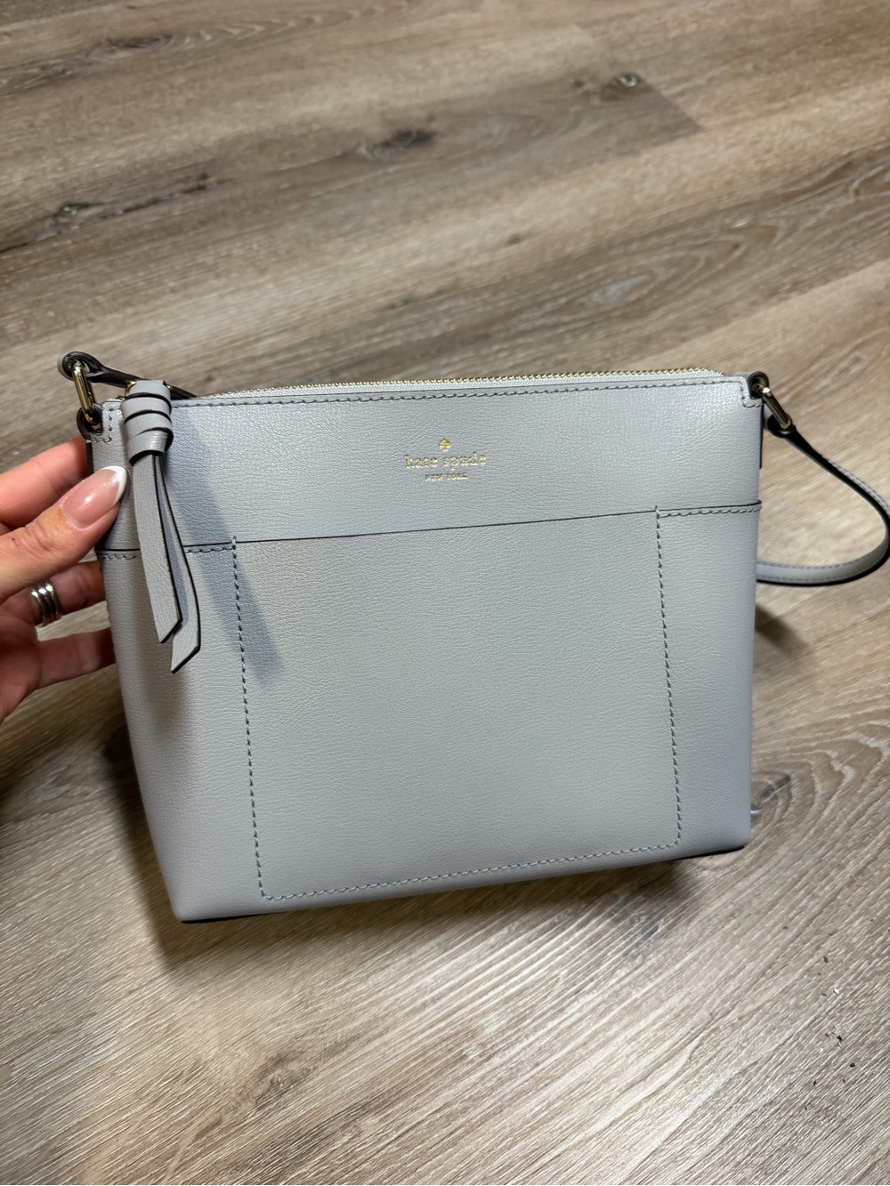 Kate Spade Holiday Lane Evie Crossbody Bag Pearl Smoke Gray Leather
